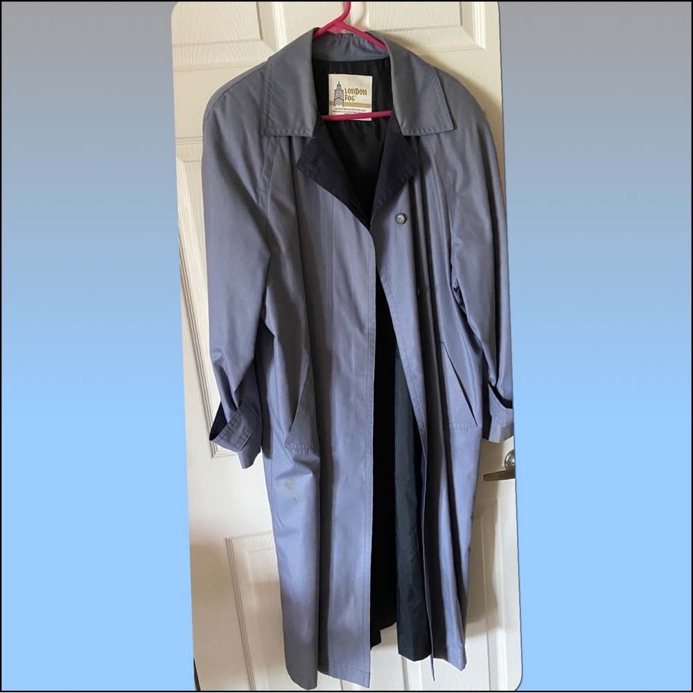 Classic London Fog raincoat cobalt blue outside and navy inside.